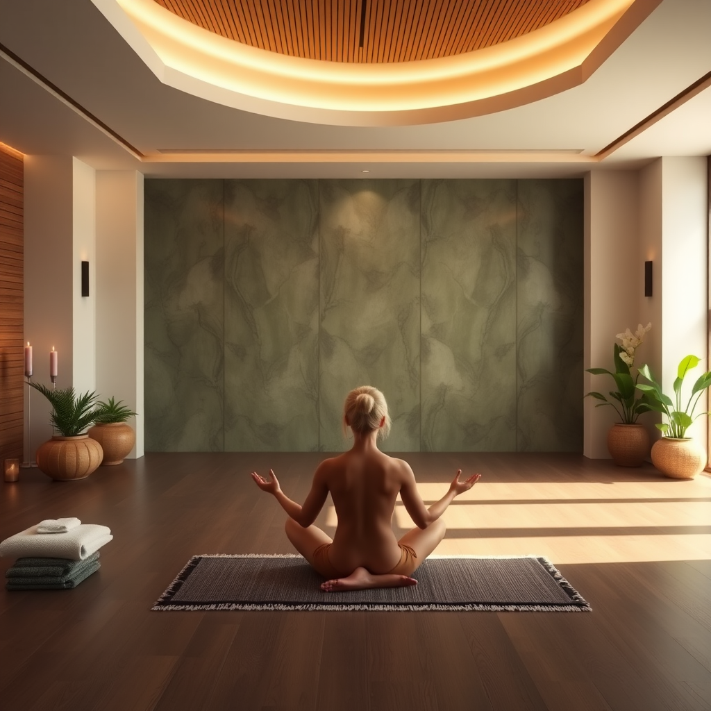 Keskipitkä meditaatioistunto rauhallisessa spa-tilassa