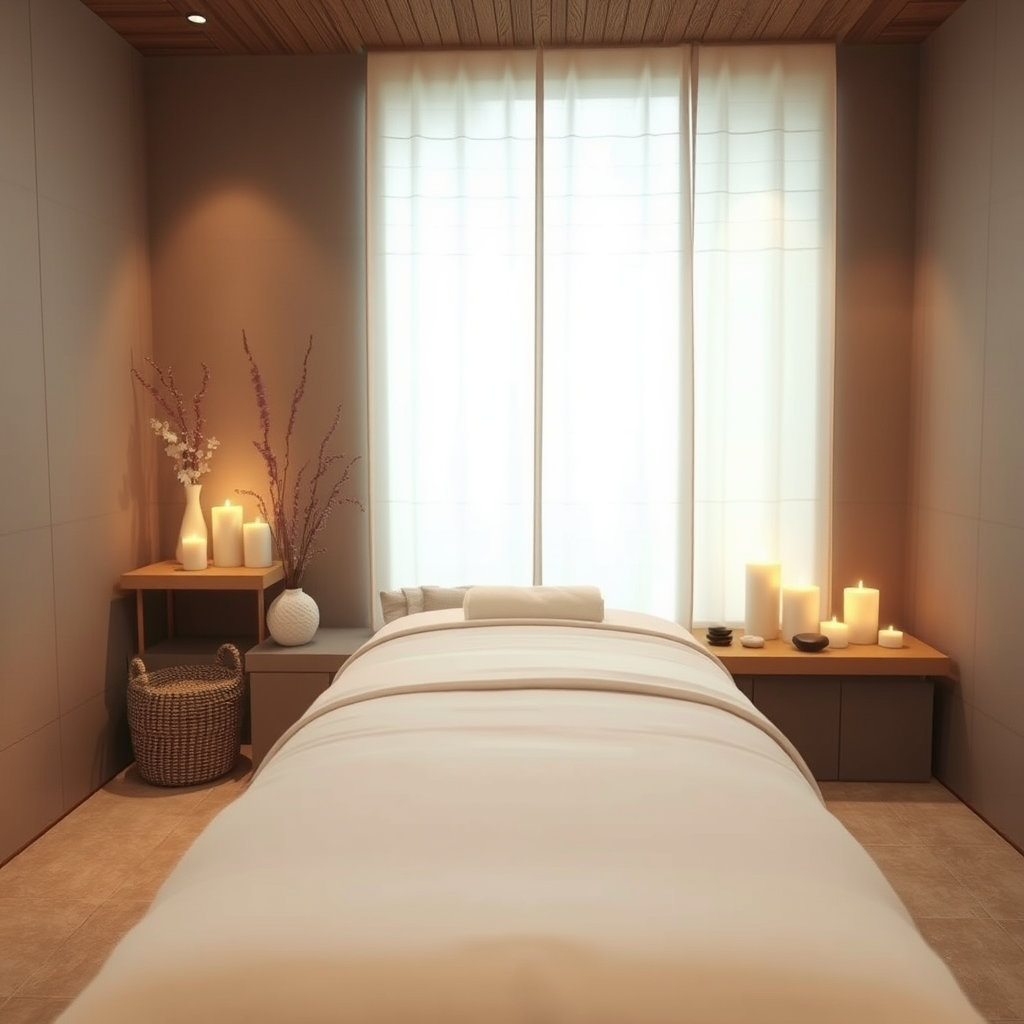 Rauhallinen spa-huone pehmeällä valaistuksella, hierontapöytä valkoisten liinavaatteiden kanssa, aromaterapiakynttilöitä ja kiviä rentoutumista varten