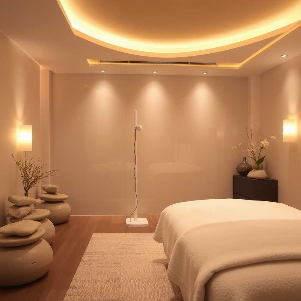 Rauhallinen spa-kasvohoitohuone, jossa on pehmeä valaistus, luonnonkivet ja rauhoittavat värit