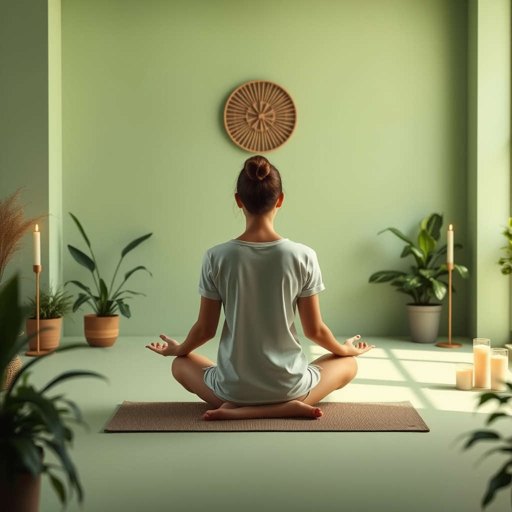 Rauhallinen meditaatiotila, jossa henkilö istuu lotus-asennossa vaaleanvihreässä ympäristössä, ympärillä kasveja ja kynttilöitä