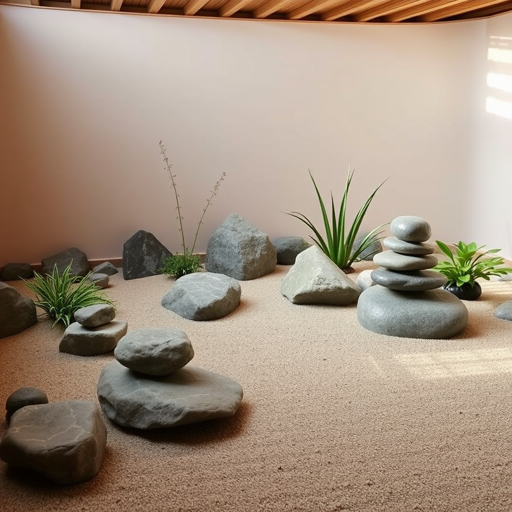 Zen-tyylinen kivipuutarha spa-alueella, jossa on tasapainoisesti aseteltuja kiviä, hiekkakuvioita ja minimalistisia kasveja luomassa rauhallisen mietiskely-ympäristön