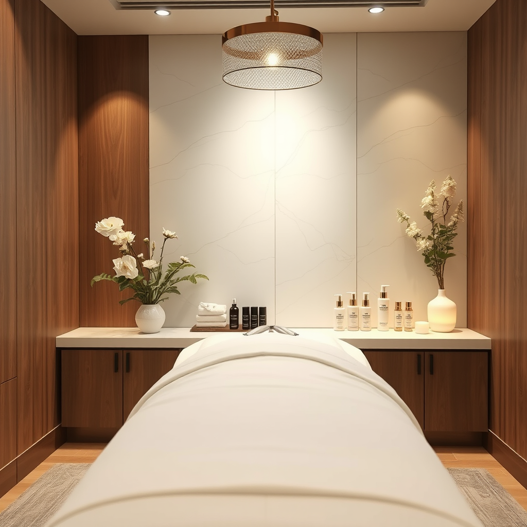 Ylellinen spa-kasvohoitohuone, hoitopöytä premium ihonhoitotuotteiden kanssa, pehmeä valaistus ja rauhoittava tunnelma kasvohoitoja varten