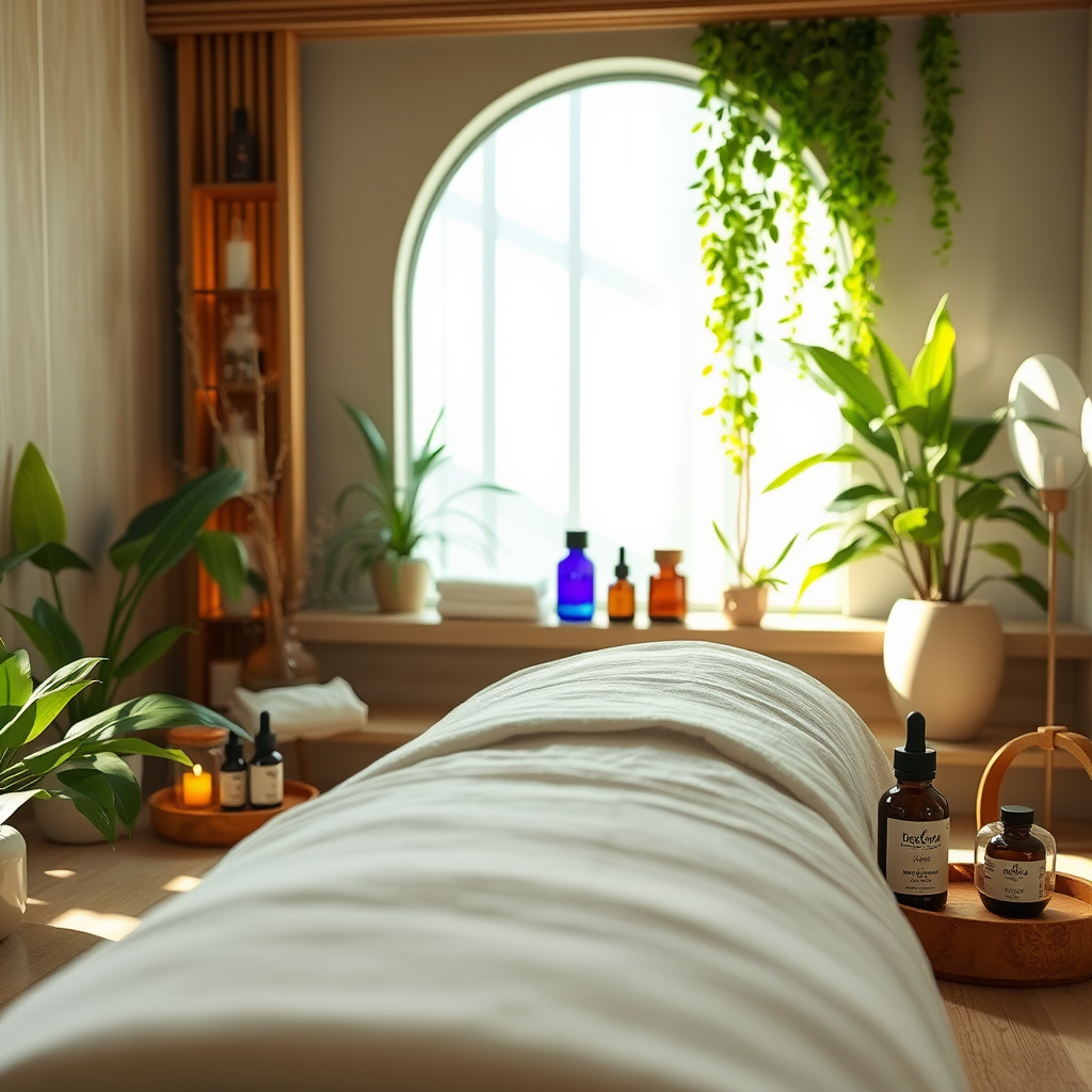 Rauhoittava aromaterapeuttinen hoito spa-ympäristössä, eteerisiä öljyjä ja rentouttavia tuoksuja, vihreät kasvit ja luonnonvaloa