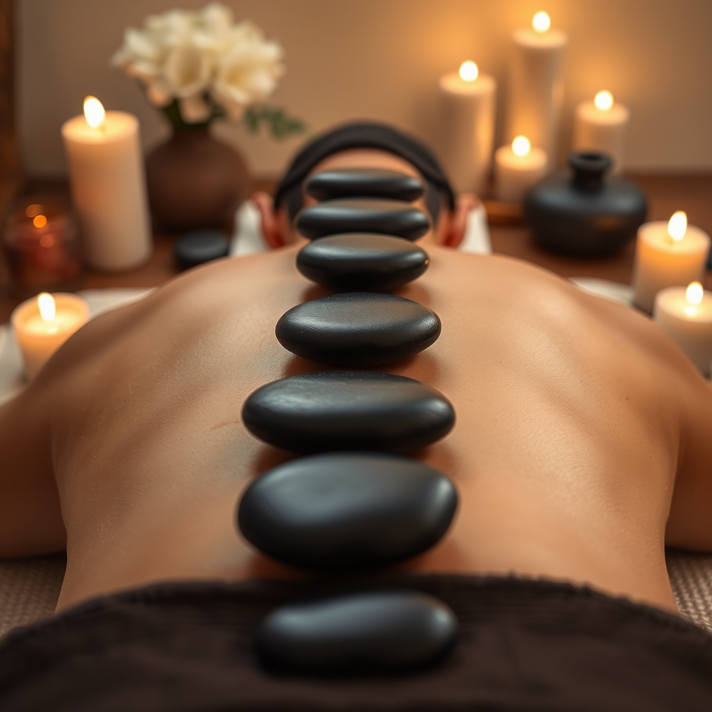 Kuumakivihieronta-asetelma, jossa näkyy tasaisesti aseteltuja mustia basalttikiviä asiakkaan selässä, ympärillä kynttilöitä ja zen-tyylisiä elementtejä rauhallisessa spa-tilassa