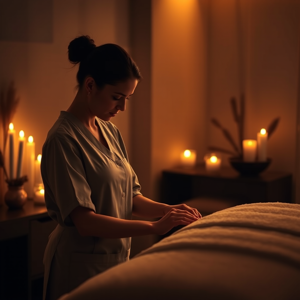 Spa-terapeutti valmistelee aromaterapiahoitoa hämärässä, kynttilöiden valaisemassa huoneessa