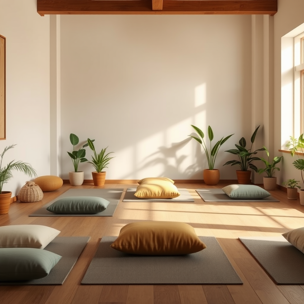 Rauhallinen meditaatiotila tyynyin ja matoin, pehmeä luonnonvalo, kasveja ja rauhoittava tunnelma mindfulness-harjoituksille