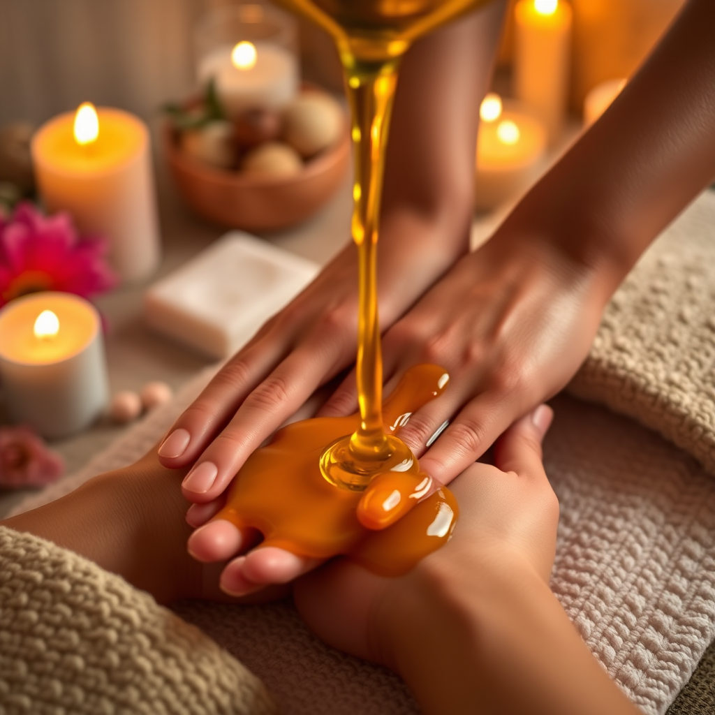 Argan-öljyhieronta, jossa näkyy kultainen öljy valumassa käsistä, spa-ympäristössä kynttilöiden ja kukkien keskellä