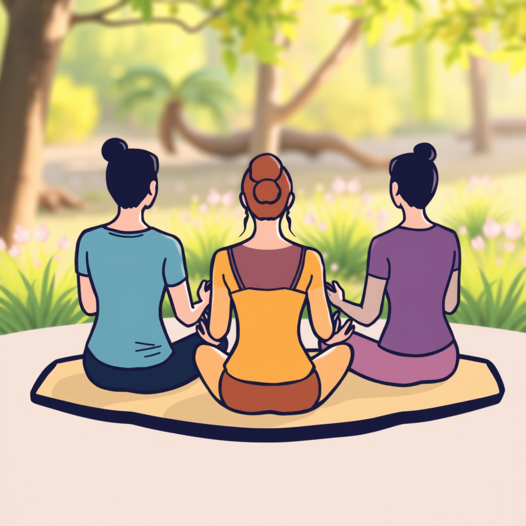 Ryhmämeditaatio-ikoni, jossa useita henkilöitä meditoi yhdessä rauhallisessa ympäristössä