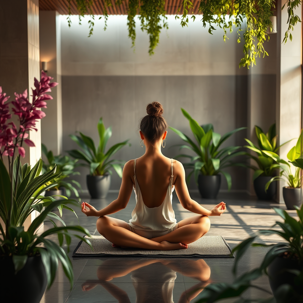 Rauhallinen spa-ympäristö, jossa henkilö harjoittaa meditaatiota kauniiden kasvien ja luonnonvalojen keskellä